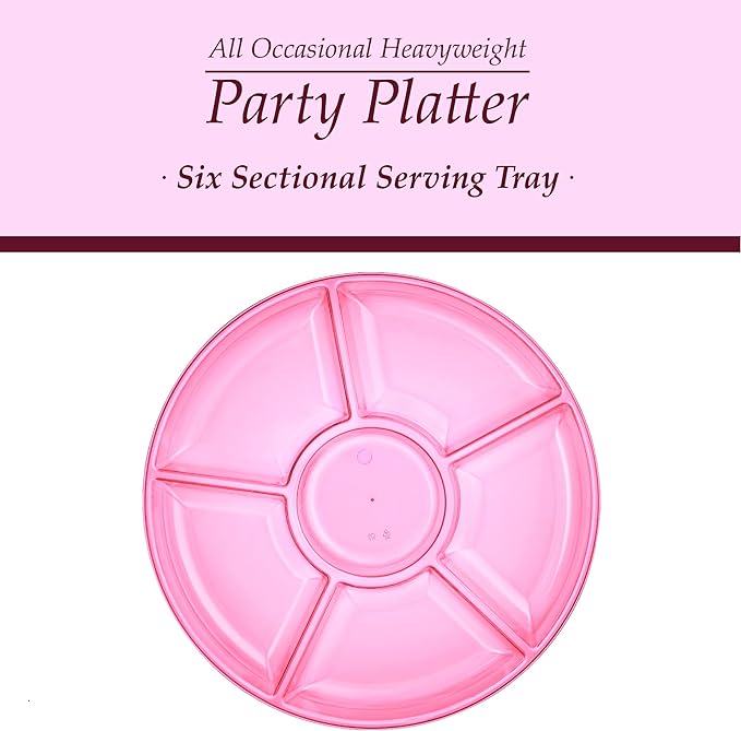Plasticpro 6 Sectional Round Plastic Serving Tray/Platters Pink Pack of 4