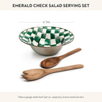 MACKENZIE-CHILDS Enamel Salad Serving Set, Enamel Bowl and Wooden Salad Servers, Decorative Kitchen Set, Green-and-White Emerald Check