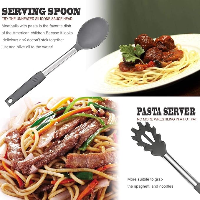 Silicone Kitchen Cooking Utensils Set with Stainless Steel Handle, Spatula Set Utensil Set, Cooking Utensil Set,Kitchen Tools Gadgets for Nonstick Cookware (11, Gray)