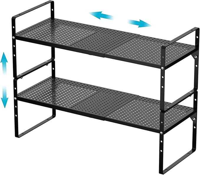 iPEGTOP 2 Pack Large Expandable Cabinet Storage Shelf, Heavy Duty Stackable Steel Metal Spice Rack Adjustable Height Home Office Pantry Garage Shelves for Counter Kitchen Organization, Black