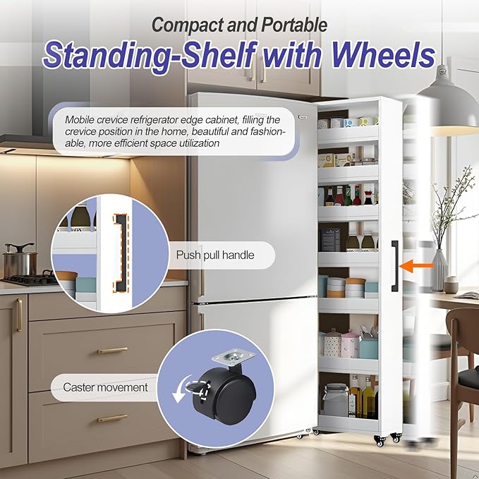 7-Tier Slim Storage Cart, Wooden Rolling Pantry Cabinet with Wheels, Narrow Shelf Organizer for Kitchen, Bakers Rack, Dining Room, Closet, Small Spaces Gray 73.2''H*7.8''W*19.6''D