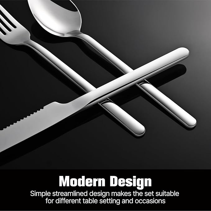 KINGSTONE 48-Piece Silverware Set with Steak Knives, Flatware Set for 8, Stainless Steel Tableware Cutlery Set for Home Restaurant, Mirror Finish,Modern Design