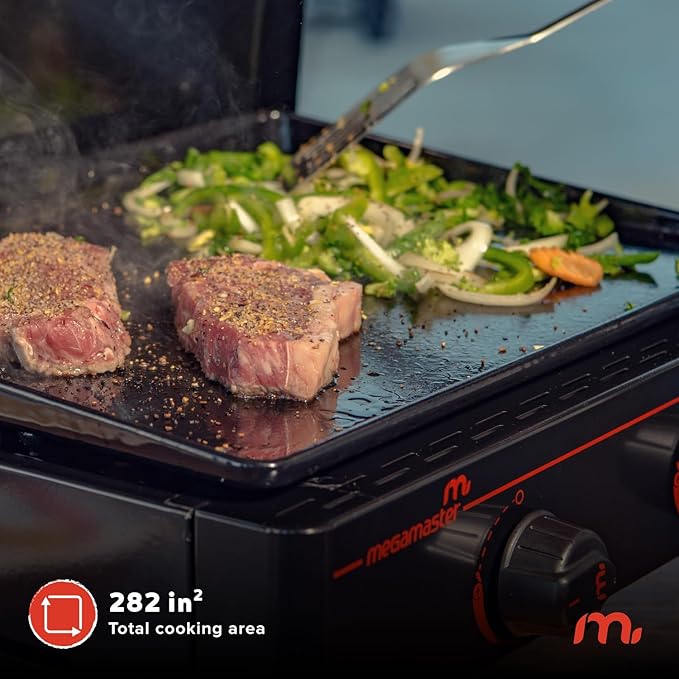 Megamaster 2-Burner Portable Gas Griddle with Built-In Lid, 18,000 BTUs, 282 SQ In Cooking Space, Small Tabletop Propane Griddle for Outdoor Cooking, Camping, BBQs, and Parties - 820-0054D
