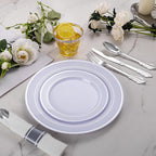 WELLIFE 50 Pack Silver Plastic Silverware, Plastic Cutlery Set Include 50 Forks, 50 Knives, 50 Spoons and 50 Pre Rolled Napkins, Disposable Utensils for Party and Wedding
