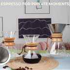 Pour Over Coffee Maker 400ml with 304 Stainless Steel Filter and Wooden Collar Holder Borosilicate Glass Drip Coffeemaker Server Set Clear Hand Brew Dripper Carafe for Home Camping Travel 13.5oz