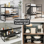 16.5-27’’L Expandable Cabinet Shelf Organizers, Stackable Metal Shelves Extender for Kitchen Countertop Storage, Adjustable Spices Shelves Rack Stand for Cupboard Pantry, Black