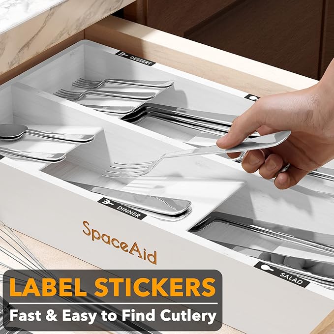 SpaceAid Bamboo Silverware Drawer Organizer with Labels, Kitchen Utensil Tray Holder Organizer for Flatware, Cutlery, Spoon and Knives Drawer Storage Organization (White, 6 Slots)