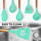 Zulay Kitchen Non-Stick Cooking Utensils Set with Authentic Acacia Wood Handles – 5-Piece Durable & Stylish Silicone Kitchen Utensils Set – Heat Resistant to 464°F – Mint
