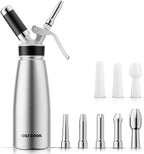 Professional Aluminum Whipped Cream Dispenser - 500 mL/1 Pint,Leak-Free Whipped Cream Maker Canister with 8 Decorating Nozzles & Cleaning Brush - N2O Chargers (Not Included) (Silver, 500ml)