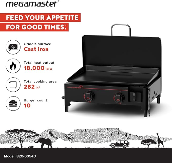 Megamaster 2-Burner Portable Gas Griddle with Built-In Lid, 18,000 BTUs, 282 SQ In Cooking Space, Small Tabletop Propane Griddle for Outdoor Cooking, Camping, BBQs, and Parties - 820-0054D