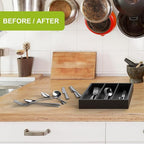 Bamboo Utensil Drawer Organizer, Silverware Tray Organizer, Kitchen Drawer Organizer for Flatware Cutlery (Black, 3 Slots)