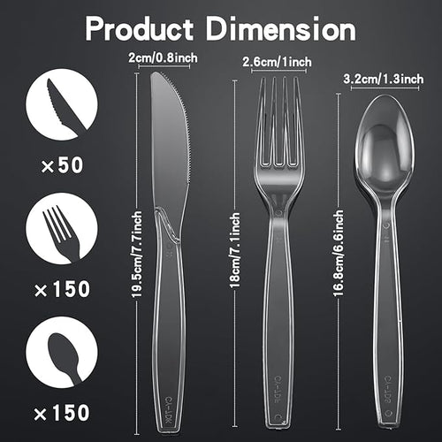 350pc Heavy Duty Plastic Silverware Set: 150 Forks/150 Spoons/50 Knives | Commercial Plastic Forks Spoons Knives BPA-Free & Temp-Resistant | Bulk Disposable for Party Catering Events