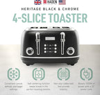 Haden Heritage 4 Slice Wide Slot Stainless Steel Toaster with Adjustable Browning Control & Non-Slip Feet, Black & Chrome