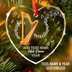 Personalized Text Name Year Harpist Christmas Ornament, Customized Harp Music Instrument Glass Ornaments, 2025 Xmas Ornament Gift for Teacher Student Harp Player, Musician Xmas Decorations