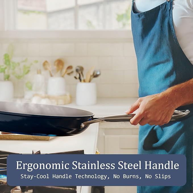 Nonstick Ceramic Sauté Pan w/Lid (4.5 qt, 11") Deep Frying Pan for All Cooktops Non Toxic Skillet PTFE/PFOA/PFAS Free, Even Heat Distribution Stainless Steel Stay-Cool Handle, Navy Blue