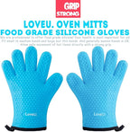 Kitchen Oven Gloves - Dual-Layer Heat Resistant Grilling Gloves, Silicone Oven Mitts with 5 Fingers, Waterproof Non-Slip Pot Holder for Barbecue, Cooking, Baking (Blue)