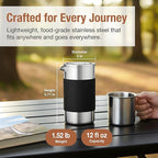 Camping French Press Coffee Maker Set - 12 oz | Portable Travel French Press Coffee Maker | Double Wall Insulated with Dual Stainless Filters & 2 Steel Canisters for Grounds, Tea, Creamer & Sugar