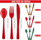 300 Pieces Christmas Plastic Silverware Heavy Duty Plastic Cutlery Set Heavyweight Disposable Flatware Includes Christmas Spoons Forks Knifes for Christmas New Year Party
