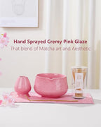 ZENS Pink Matcha Set, Matcha Whisk Set Includes Ceramic Bowl, Matcha Whisk and Chasen Holder, Bamboo Scoop-Tea Towel, 5pcs Matcha Kit Set for Matcha Lovers, Sakura Pink