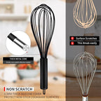 TEEVEA Silicone Whisk Set of 3 Non Scratch Non Stick Silicone Coated Stainless Steel Wire Whisks Heat Resistant 480°F Kitchen Wisk for Cooking Blending Whisking Tool Black