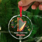 Harpist Musical Christmas Tree Glass Ornament, Personalized Text & Name Harp Player Xmas Keepsake Gift, Musical Instrument Christmas Ornament Gifts for Harpist, Custom Harp Lover Glass Ornaments 2025
