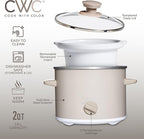 COOK WITH COLOR 2QT Mini Electric Round Slow Cooker - Adjustable Settings, Removable Stoneware Pot, Tempered Glass Lid, Dishwasher Safe, Cool-Touch Side Handles, Sand