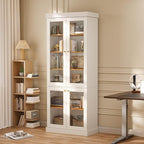 70.8" Bookshelf with Glass Doors, Farmhouse Modular Bookcase with 6-Tier Adjustable Shelves, Large Storage Cabinet for Living Room & Home Office, White