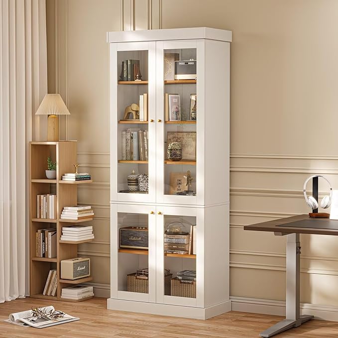 70.8" Bookshelf with Glass Doors, Farmhouse Modular Bookcase with 6-Tier Adjustable Shelves, Large Storage Cabinet for Living Room & Home Office, Set of 4, White