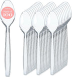 Prestee 100 Clear Plastic Spoons Bulk - Durable Disposable Plastic Silverware Spoons - Heat-Resistant Spoon Cutlery - Heavy Duty Flatware Pack - Disposable Silverware Utensil Set for Hot and Cold Food
