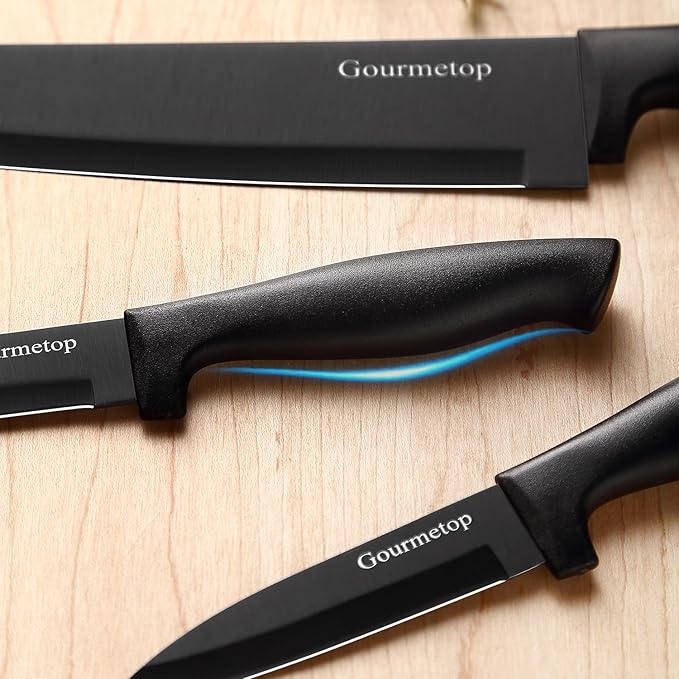 Kitchen Knife Set with No Drilling Magnetic Strip for Kitchen Black Titanium Small Cooking Knives, Sharp Stainless Steel Chef Knife Set for Cutting Meat & Vegetable