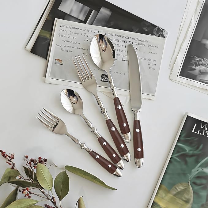 5-Piece Silverware Set, Stainless Steel Flatware Set, Service for 1, Vintage Cutlery Set with Wooden Color Bakelite Handle, Dishwasher Safe
