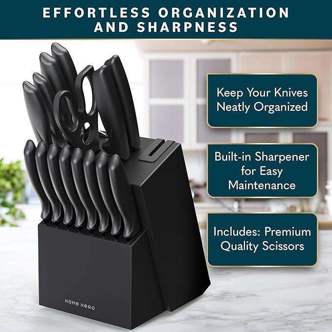 Home Hero Kitchen Knife Set - Wooden Knife Block Organizer - High Carbon Stainless Steel Blades - Ergonomic Handles with Built-In Sharpener & Kitchen Scissors - 16-Pc, Black