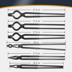 Blacksmith Knife Making Tongs Set - 3/8" 1/2" 5/8" V-Bit, 1/4 Flat Jaw, Pick Up, Scroll - Assembled Blacksmithing Bladesmith Steel Forge Tongs (6PCS)
