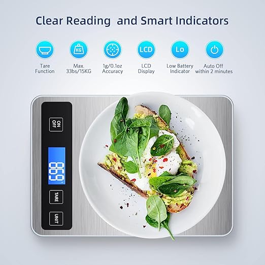 Large Digital Kitchen Scale, Drcowu 15kg Food Kitchen Scales for Baking, Cooking, Keto and Meal Prep, Food Weight Scale with 1g Accuracy and LCD Display, Easy to Read, Grams and Oz (Silver)