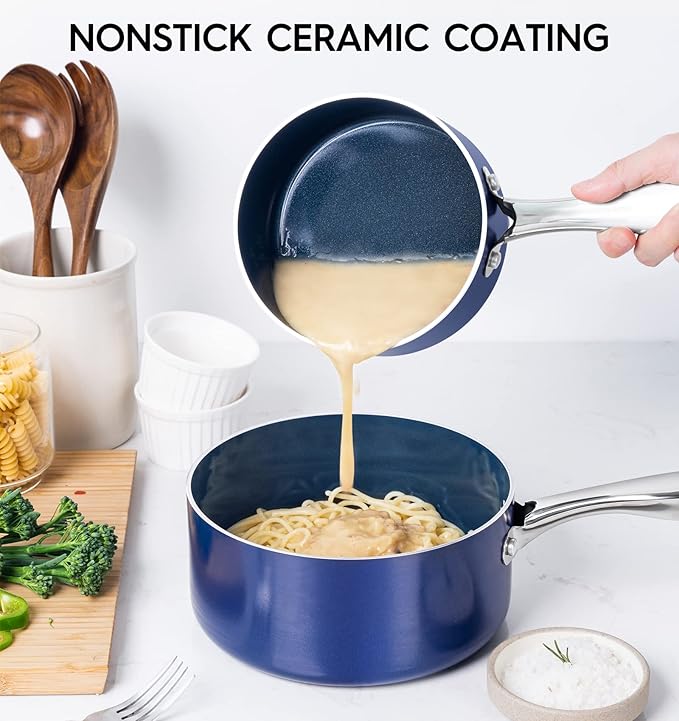 MICHELANGELO Saucepan Set, 1Qt & 2Qt Ceramic Sauce Pan with Lid, Nonstick Saucepans with Lids, Small Pot with Stainless Steel Handle, Oven Safe, Blue