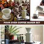 Pour Over Coffee Maker Set Vintage Ceramic Pour Over Coffee Dripper Set with 20 Count Paper Coffee Filters,for Home Café Restaurant Camping,15.8 Ounces(White)