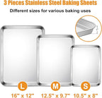 TeamFar Baking Sheet Set of 3, 16/12.5/10.5 Inch Stainless Steel Cookie Sheets Baking Pans, Metal Oven Baking Tray for Cooking Roasting Serving, Non-Toxic & Mirror Finish & Dishwasher Safe