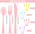 300 Pieces Pastel Plastic Silverware Heavy Duty Plastic Cutlery Set Heavyweight Disposable Utensils Includes Spoons Forks Knives for Birthday Wedding Dinner, Macaron Colors