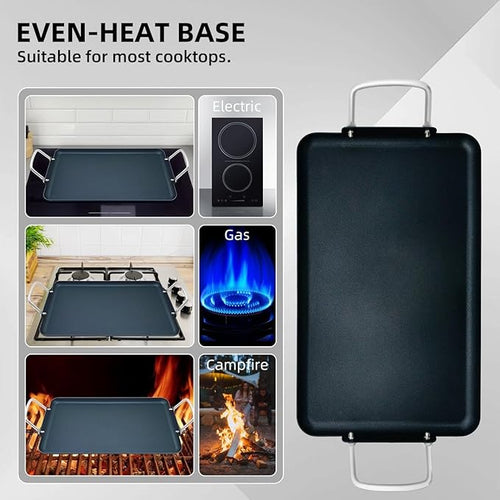 11pcs 19Inch Nonstick Taco Griddle Pan, Rectangular Cast Iron Griddle, Comales para Tortillas Cooking Pan for Stove Tops | 2 - Burner, Detachable Handles | Stove/Outdoor/Camping