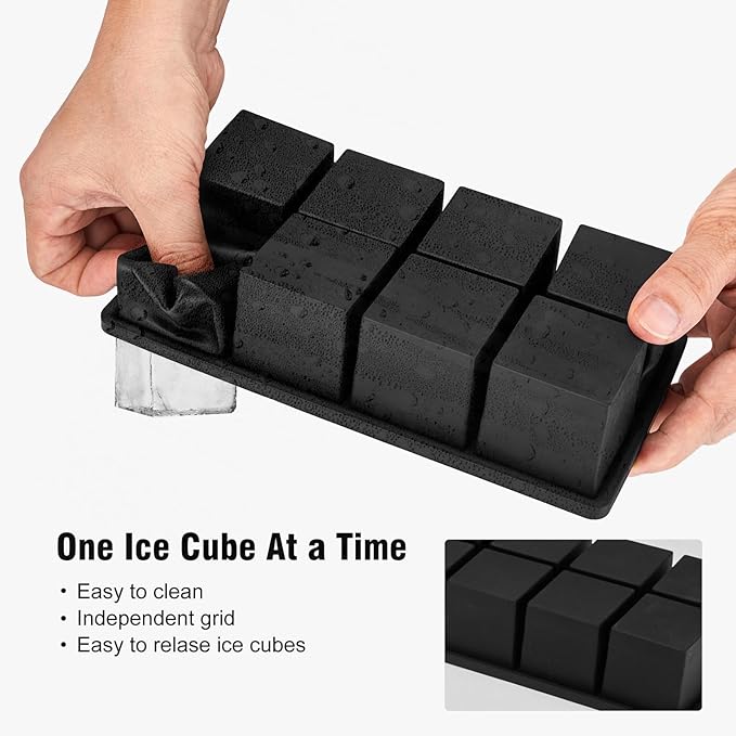 Samuelworld Large Silicone Ice Cube Tray Molds, Big 2 Inch Cubes 3 Pack- Food Grade, Flexible, 8 Cavity Easy Release Slow Melting Ice for Whiskey, Cocktails, Gifts & Christmas - Black (Ice Bag)