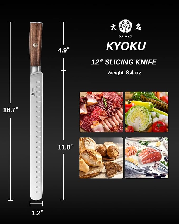 KYOKU 12" Slicing Knife, Daimyo Series Brisket Knife for Meat Cutting with Rosewood Handle, Japanese 440C Stainless Steel Meat Carving Knife for BBQ Brisket Turkey Ham Rib Roast with Sheath and Case