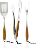COLSEN Heavy Duty 3-Piece BBQ Grilling Tool Set, Stainless Steel Tongs, Spatula, & Fork, Kitchen Utensils Set, Camping Accessories, Brown