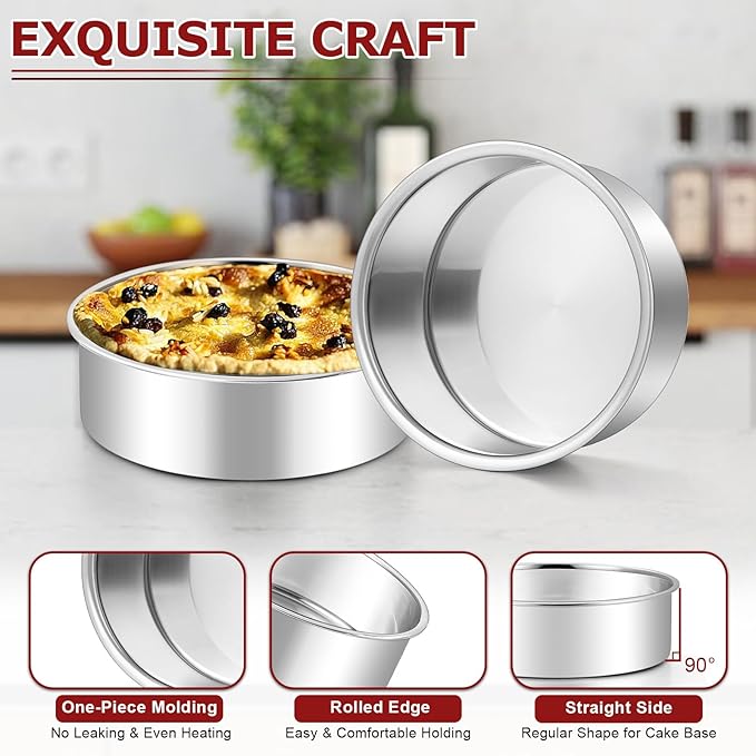 LIANYU 8 Inch Round Cake Pan Set of 2, Stainless Steel Baking Pans with 60 PCS Parchment Paper, Metal Circle Layer Cake Tins for Birthday Christmas Party, Oven & Dishwasher Safe