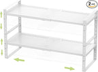 Expandable Stackable Aadjustable Shoe Rack Pantry Shelf for Kitchen Cabinets Counter Shelves Countertop Cupboard Storage Solution,Sturdy Heavy-Duty Metal Construction(2Packs/White/Medium)