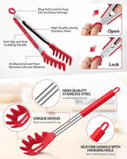 Spaghetti Spoon and Pasta Tong, Non-stick Silicone Spoon Server Fork with teeth and Stainless Steel Handle Spaghetti Tong, Food Clip for Spaghetti Noodle (RED)