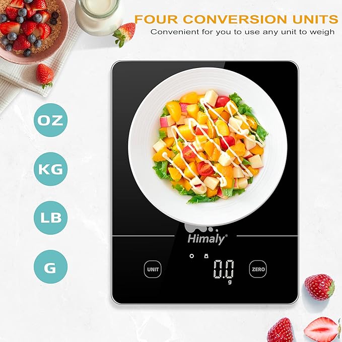 Himaly Digital Kitchen Scales Food Scale with Tempered Glass Platform,Electronic Cooking Scale with LCD Display, Multifunction Weighing Scale for Baking, Tare Function, 5kg/11LB