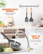 Silicone Wok Spatula Turner Set, Perfect for Scooping, Flipping, Lifting Pancakes and Picking up Veggies, BPA-Free Matte Silicone, Wooden Handles, Safe for Nonstick Cooking Surfaces (Grey)