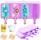 3pcs Large Silicone Popsicle Molds with Lids,4 Cavities Cake Pop Molds,Oval Ice Cream Bar Mold Ice Pop Cakesicle Molds Silicone with 100 Wooden Sticks & 100 Bags &100 Twist Ties(Purple)