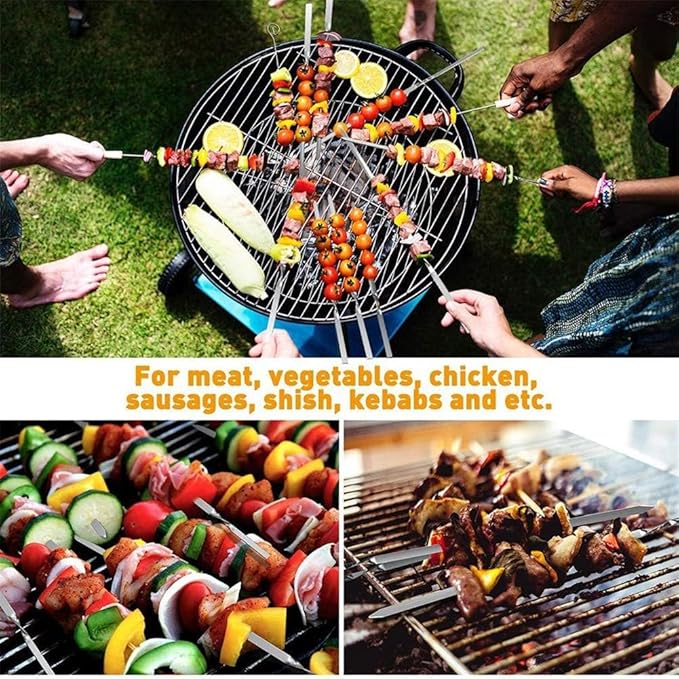 18PCS Kabob Skewers Flat Metal BBQ Barbecue Skewer 16" Long Stainless Steel Shish Kebob Sticks Wide Reusable Grilling Skewers Set for Meat Shrimp Chicken Vegetable, 18 Pack