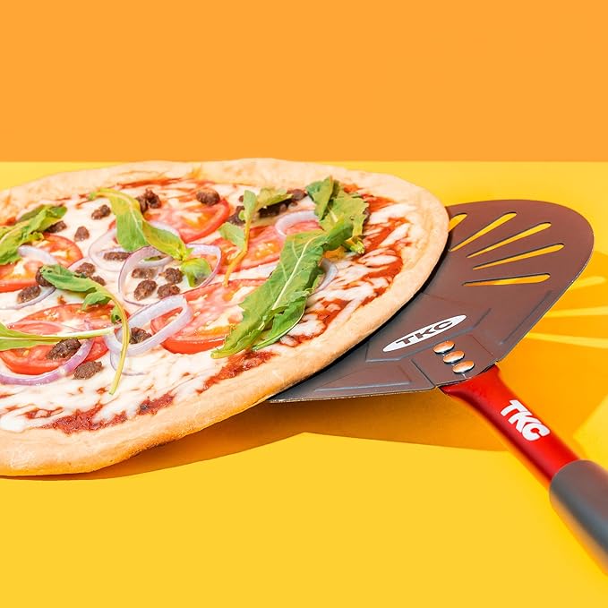 TKC 9" Perforated Pizza Peel, Professional Aluminum Pizza Turning peel, Long Handle Metal Pizza Spatula for Indoor and Outdoor, Lightweight Non-Stick Pizza Turner - Pizza Oven Accessories RED